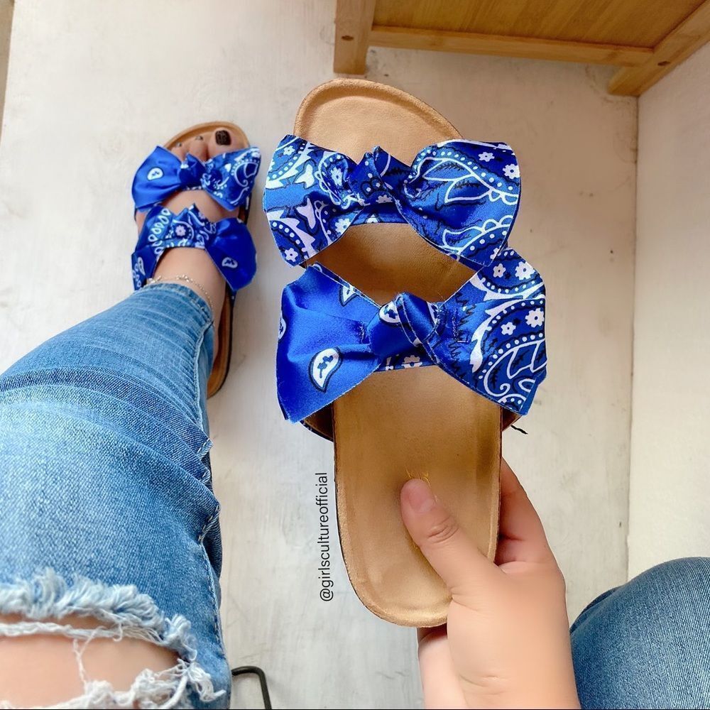 Blue Bandana Double Bow Slides Sandals - Picture 5 of 5